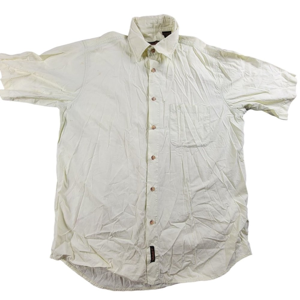 Timberland Weathergear Mens Large Yellow Button Shirt Outdoors Casual Short Slee